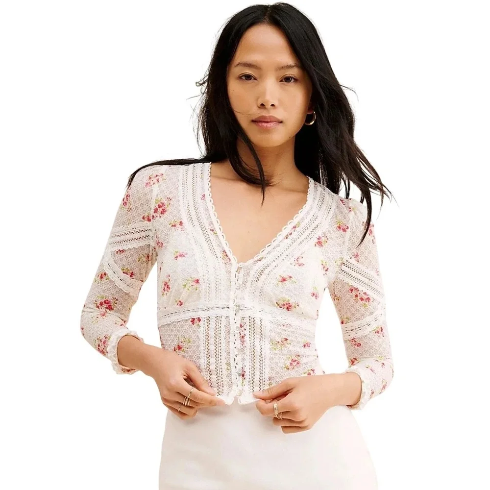 Free People Kika Top Blouse S Sheer White Lace Floral Button Front Long Coquette